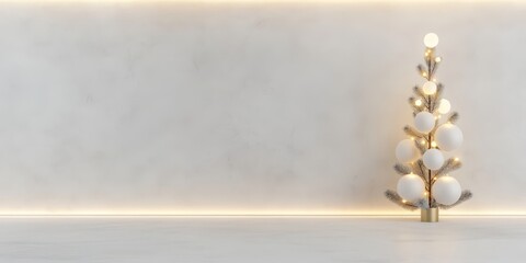 Minimalist Christmas Tree:  A simple yet elegant golden Christmas tree adorned with white baubles sits against a minimalist backdrop with warm lighting, creating a serene and festive ambiance. 