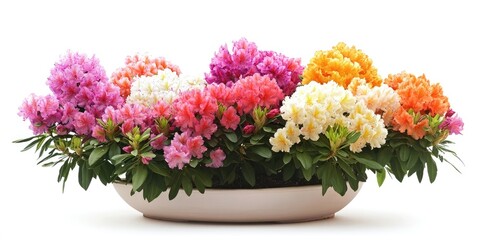 Fototapeta premium A lovely display of vibrant rhododendrons beautifully arranged in a pot, set against a clean white background, captures attention with their stunning colors and appearance.
