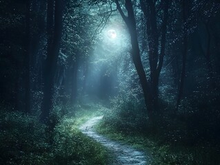 Moonlit Forest Path Leading into Mysterious Darkness and Unknown Journey