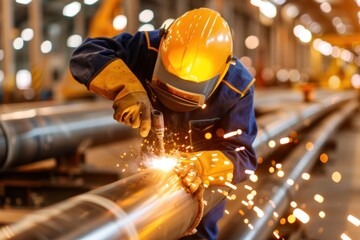 Industrial welding work: skilled worker in action at metal fabrication facility