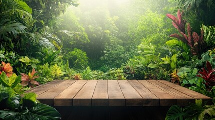 Obraz premium Wooden table with empty space at the top, emphasizing photosynthesis in healthy ecosystems, surrounded by vibrant forested beauty and natural elements.