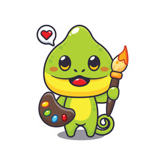 Chameleon painter cartoon vector illustration