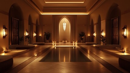 Obraz premium A serene spa interior featuring warm lighting and a tranquil pool.