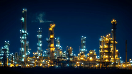 Illuminated Refinery Towers at Night, factory, industrial, cityscape, lights, silhouette