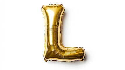 Golden inflatable helium balloon in the shape of the letter L, isolated on a white background. This gold foil balloon creates a glamorous atmosphere for party decorations. Photo includes copy space.
