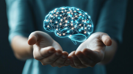 Businesswoman holding a illuminated geometric brain, symbolizing creativity and advanced technology