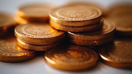 golden coins cascading down onto a pristine white surface reflecting light creating a rich visual impact symbolizing wealth prosperity and the flow of financial abundance