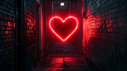 Glowing Red Neon Heart Sign Illuminating Shadowy Alleyway Symbolizing Love and Danger