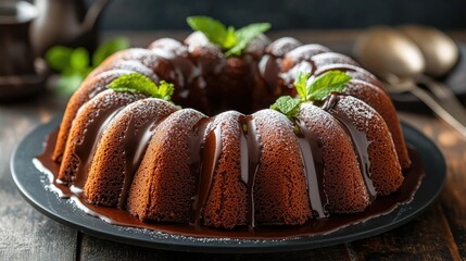 Chocolate Bundt Cake with Mint Garnish