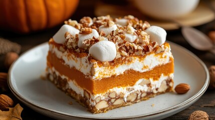 Delicious Pumpkin Dessert with Nuts and Marshmallows