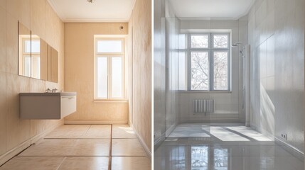 Renovation of a bathroom before and after in horizontal format, renovation, bathroom, before.