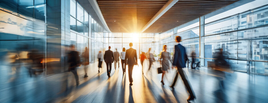 A bustling office lobby during sunset with blurred people in motion, emphasizing the busy and energetic corporate environment