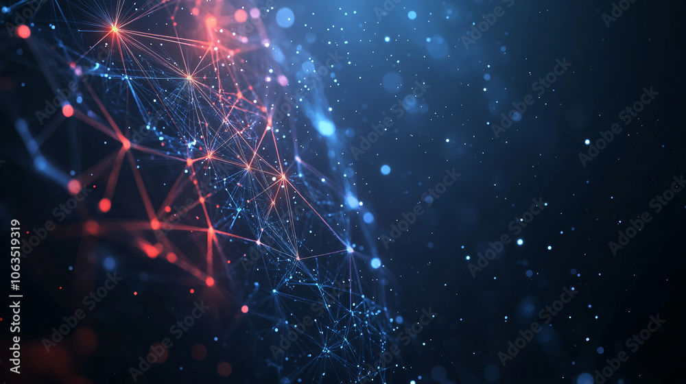 Aufkleber Abstract network is connecting with glowing lines and dots on dark blue background with bokeh