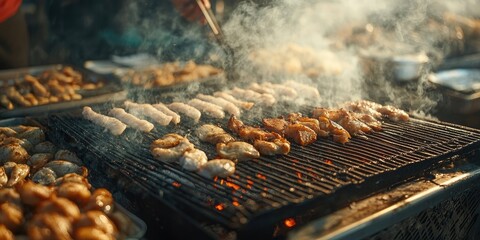 Visualize a diverse selection of fish and chicken sizzling on a charcoal grill, showcasing fresh seafood being expertly prepared at a bustling fish market.