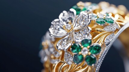 Obraz premium Close-up of a stunning ring featuring a diamond, gold, and emerald combination with intricate floral elements, perfect for highlighting the beauty of jewelry design. Photo style, ample copy space.