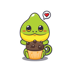 Chameleon with cup cake cartoon vector illustration