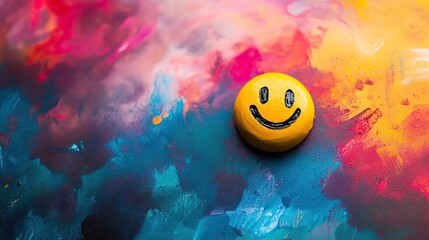 Naklejka premium Emoji face with a smile set against a vibrant background, emphasizing the concept of expressing emotions through emojis on social networks, with ample copy space available.