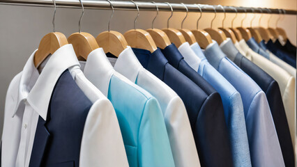 Fototapeta premium Elegant Men's Suits Hanging on Wooden Hangers