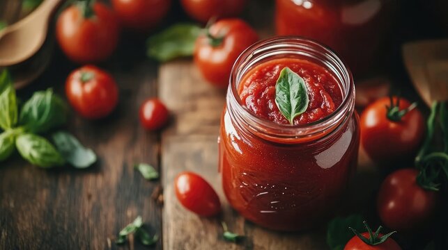 Homemade tomato sauce prepared and stored in a mason jar ready for canning. The homemade tomato sauce creates a vibrant visual appeal with ample copy space.