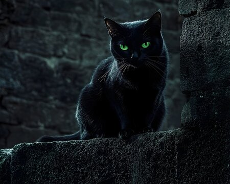 Black Cat with Glowing Green Eyes Sitting on a Stone Wall in the Dark Mysterious Supernatural Concept