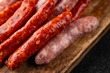 sausage raw meat beef, pork, chicken, lamb, dish fresh  gourmet food background on the table rustic food top view copy space