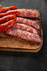 sausage raw meat beef, pork, chicken, lamb, dish fresh  gourmet food background on the table rustic food top view copy space