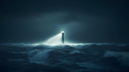 Distant Lighthouse Shining Beacon of Hope Across Stormy Night Time Seascape