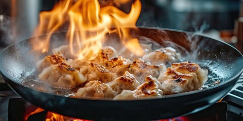 Gyoza dumplings are being cooked over a high flame in a pan, allowing for a quick and flavorful preparation, enhancing their delicious taste and texture.