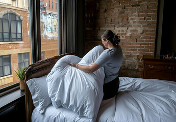 Bedding Set Image - A person arranging bedding on a bed in a stylish room with exposed brick walls.