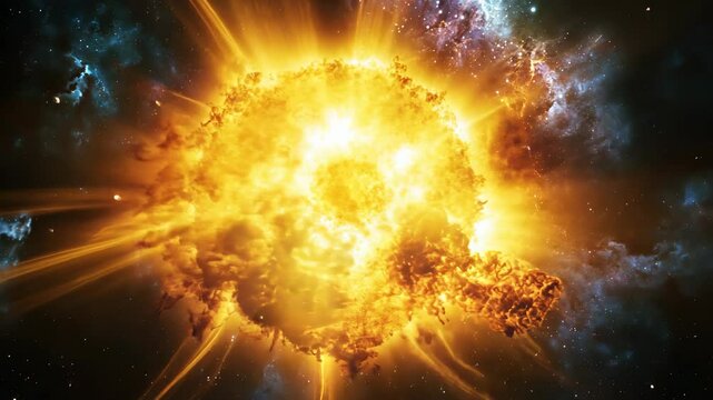 A bright, fiery supernova explodes in space, illuminating the surrounding nebula with its intense light