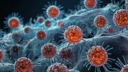 Close-up of Blue Viruses on a Dark Background