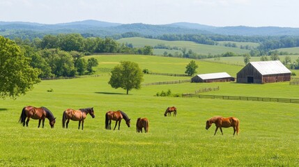 A serene landscape with horses grazing in a lush green field and barns in the background.