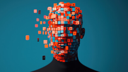 Futuristic human figure composed of colorful pixel blocks, symbolizing digital identity and technology. fragmented appearance evokes sense of mystery and innovation