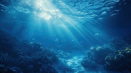 Fototapeta premium Clear blue ocean depths illuminated by vibrant sunlight, revealing the beauty of underwater life. The tranquil scene captures the essence of ocean depths, perfect for various uses.