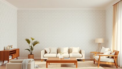A serene, minimalist living room with a subtle geometric patterned wallpaper featuring intricate, repeating shapes in a soothing color palette of pale blues and creamy whites.