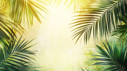 Obraz premium Sunlight radiates through tropical palm leaves, creating a warm and inviting atmosphere. The tropical palm leaves provide a perfect backdrop with ample copy space for design.