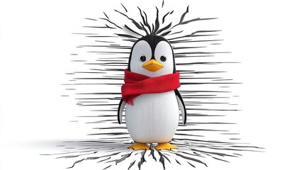Naklejka premium Cute penguin wearing a red scarf on a white and black-line background.