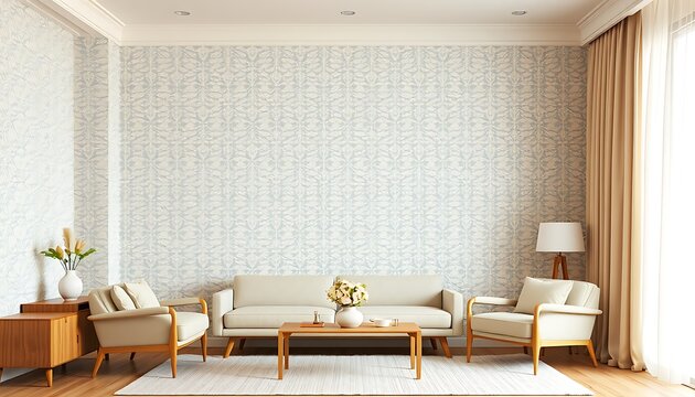 A serene, minimalist living room with a subtle geometric patterned wallpaper featuring intricate, repeating shapes in a soothing color palette of pale blues and creamy whites.