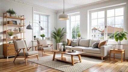 Fototapeta premium Scandinavian living room with white walls and wooden furniture