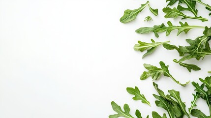Obraz premium Fresh organic arugula arranged on a clean white background, highlighting the vibrant greens of arugula with plenty of copy space for added elements or text.
