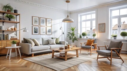 Scandinavian living room with white walls and wooden furniture