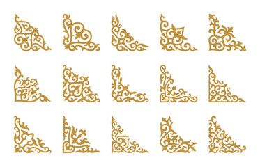Vector Set of different gold ornaments in Kazakh style isolated on a white background. Oriental corner decor, floral designs. Elements of the national pattern of the ancient nomads