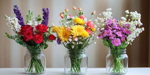 Fototapeta premium A sophisticated display of flowers arranged beautifully in a compact glass vase enhances the decor with its elegance and charm, perfect for any setting.