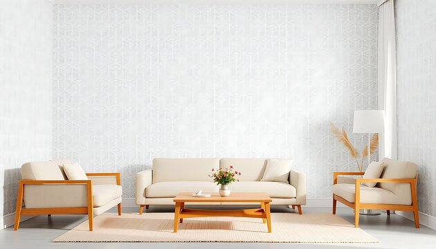 A serene, minimalist living room with a subtle geometric patterned wallpaper featuring intricate, repeating shapes in a soothing color palette of pale blues and creamy whites.