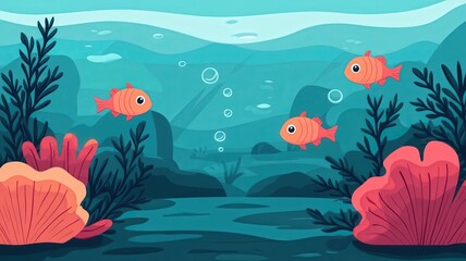 Fototapeta premium A colorful underwater scene featuring playful fish and vibrant coral reefs surrounded by bubbles and aquatic plants.