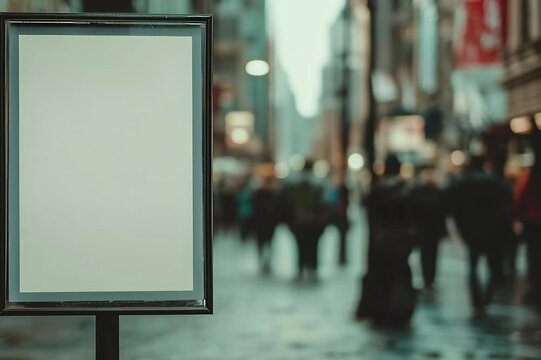 A blank advertising billboard placeholder template on the city street; an empty mock-up of an outdoor poster on a paved tram stop; a white vertical mockup of an urban banner on the bus stop 