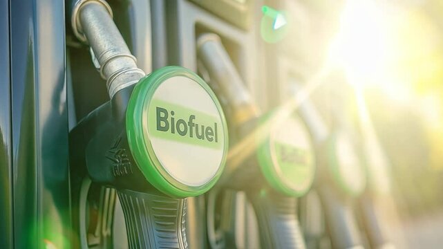 Biofuel pump nozzles at a fueling station showcasing eco-friendly energy options in a sunny rural setting