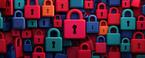 Colorful padlocks in various sizes and shapes create vibrant background, symbolizing security and privacy. arrangement emphasizes importance of safeguarding personal information