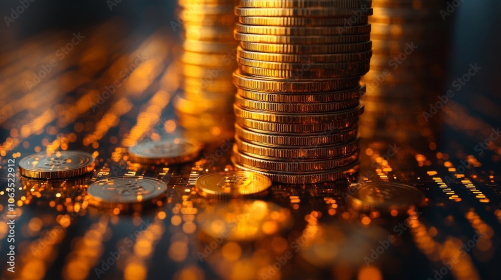 Aufkleber stacks of gleaming golden coins stand tall against a blurred background of shimmering light, represe