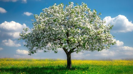 Fototapeta premium Apple tree in full bloom, adorned with delicate flowers, adding vibrancy to the garden. Scenic view of apple tree blossoms provides a beautiful backdrop with ample copy space.